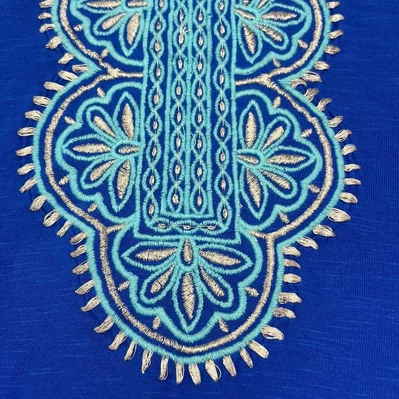 JM Collection Blouse sleeveless blue w/silver embroidery V-neck 100% cotton Sz S - Picture 11 of 11